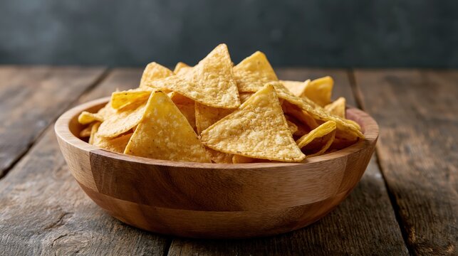 Golden circular tortilla chips fill a rustic ceramic bowl placed on a weathered wooden kitchen table in warm light.