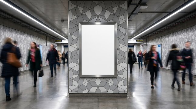 Empty Vertical Ad Screen in Silver Frame in a Busy Subway Station Hallway with Glossy Floor