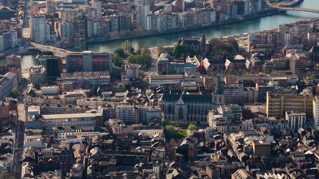 A panoramic Aerial view of the city Liege in Belgium, on a sunny spring morning