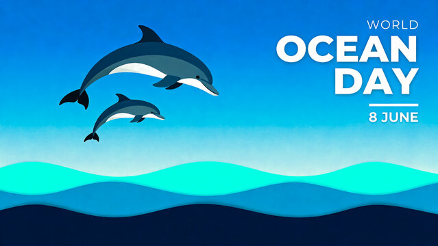 World ocean day graphic with two dolphins leaping marine life dolphins jumping ocean waves graphic design save the ocean sea creatures digital art ocean protection marine conservation