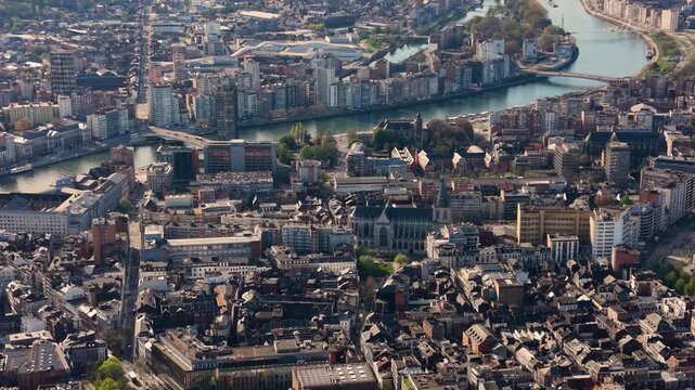 A panoramic Aerial view of the city Liege in Belgium, on a sunny spring morning
