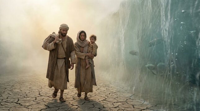 Man, woman and child crossing dry seabed as Red Sea parts. Biblical exodus concept. Faith and miracles for religious story.