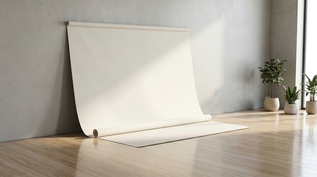 A large roll of white paper on a wooden floor in a room