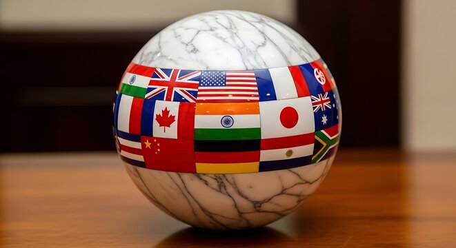 Marble Globe Decorated with International Flags on Wooden Table