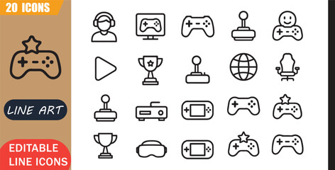 Isolated gaming entertainment icons set, 20 editable line art icons set, game controller console play esport joystick online fun, gaming esports tools, minimal clean outline vector © MD.Kawsar Hossan