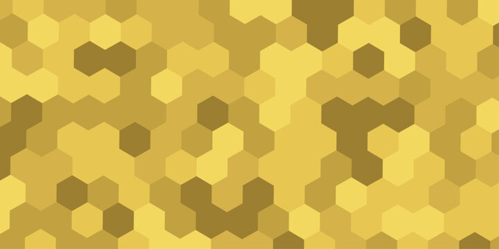 Abstract gold and ochre hexagon pattern background, geometric mosaic of honey yellow hexagonal tiles for modern tech backdrop, futuristic repeating honeycomb texture for design banner.