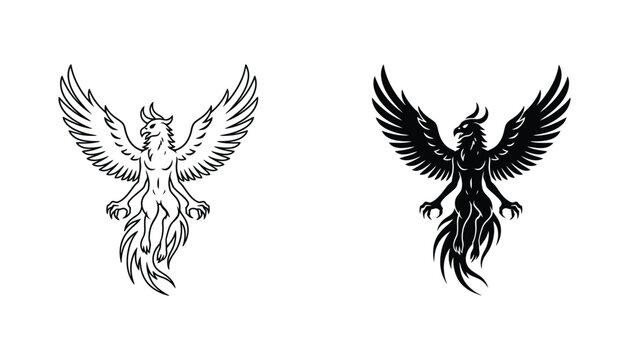 Mythical phoenix bird outline and silhouette vector graphic for resilience and rebirth themes