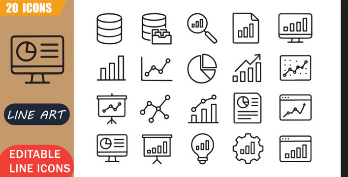 Data analytics icons set, 20 editable line art icons set, database report dashboard statistics graph chart insight metrics, analytics data tools, minimal clean outline vector, statistics, dashboard