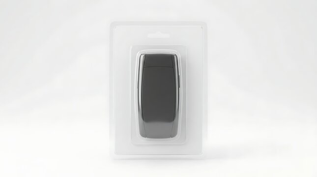 Black rectangular object in blister packaging against a white background with packaging, cardboard