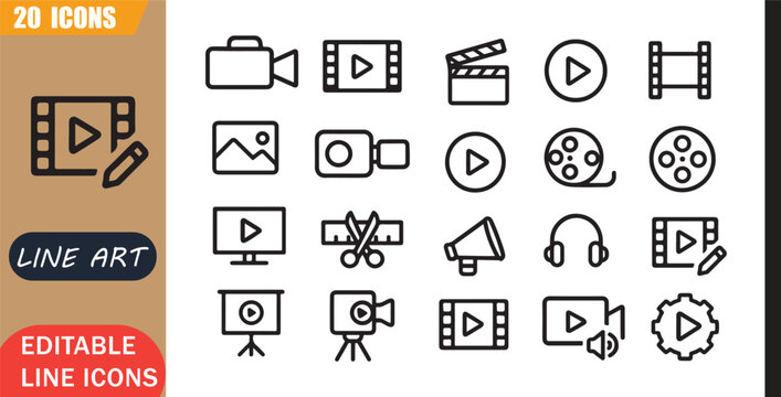 Video media icons set, 20 editable line art icons set, film movie clip edit production cinema record play, video editing tools, minimal clean outline vector, cinema, media