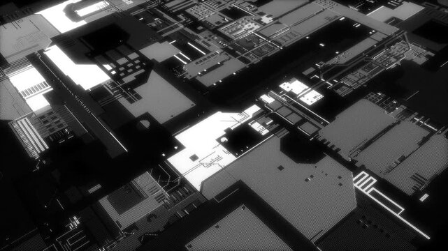 A technologically advanced animated background of thousands of glowing dots forms a complex circuit and electronic components reminiscent of a microchip or electronic circuit board.