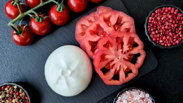 Fresh white burrata cheese with tomatoes for a salad. Burrata cheese as a food background for your design