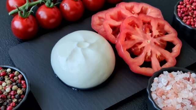 Fresh white burrata cheese with tomatoes for a salad. Burrata cheese as a food background for your design