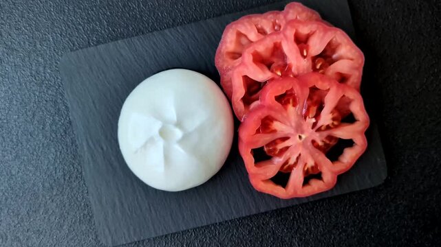 Fresh white burrata cheese with tomatoes for a salad. Burrata cheese as a food background for your design