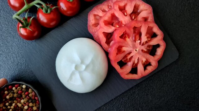 Fresh white burrata cheese with tomatoes for a salad. Burrata cheese as a food background for your design