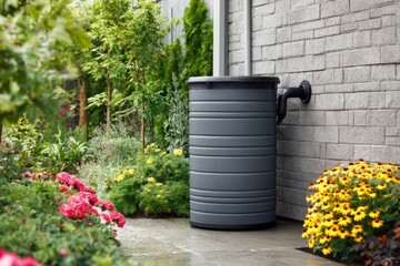 Obraz premium Rain barrel connected to house downspout in backyard garden