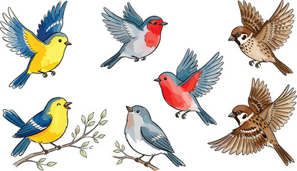 Obraz premium Colorful flying bird vector illustration set featuring robins, sparrows, and cute woodland songbirds with branches collection