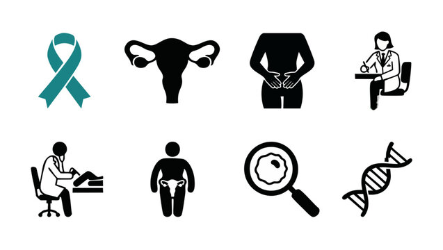 Gynecology and Women Reproductive Health Icon Set, Cervical Cancer Awareness Ribbon, Uterus Anatomy, Medical Consultation, Fertility Treatment, Clinical Diagnostics, Genetic Research and Biology Vecto