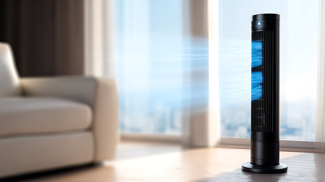 Modern Black Tower Fan Cools a Bright Living Room with Clean Air, Soft Sofa and Large Window Providing Natural Light and City View
