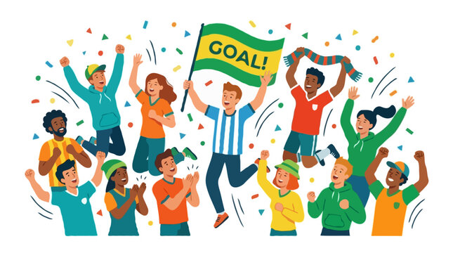 Grupo de torcedores felizes comemorando um gol - Ilustra&ccedil;&atilde;o Vetorial.