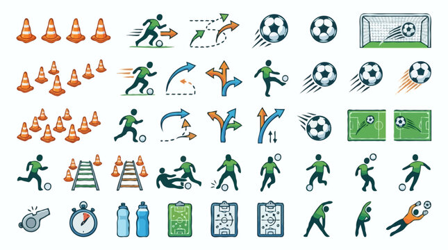 &iacute;cones de futebol e elementos de treinamento - Ilustra&ccedil;&atilde;o Vetorial.