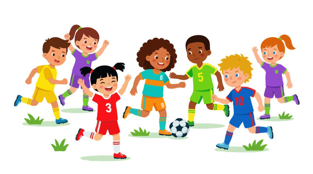 Crian&ccedil;as diversas jogando futebol juntas em fundo branco - Ilustra&ccedil;&atilde;o Vetorial.