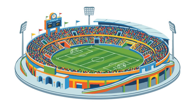 Est&aacute;dio de futebol isom&eacute;trico com campo e torcida - Ilustra&ccedil;&atilde;o Vetorial.