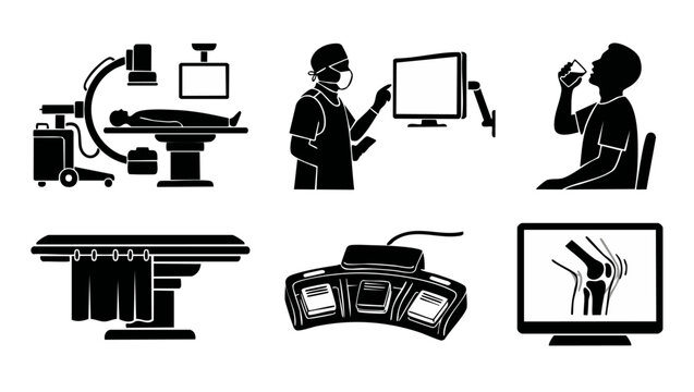 Medical Imaging Equipment and Procedures Icons Set, X-ray C-arm, Doctor Examining Screen, Patient Taking Medication, Surgery Table, Foot Pedal Control, Knee Joint Radiography Analysis Vector Illustrat