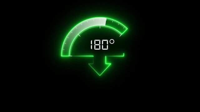 Temperature Control Gauge Interface with Green Neon Dial and Down Arrow Symbol, 180 degree right angle measurement animation on Black Dark Background Representing Cooling Adjustment System