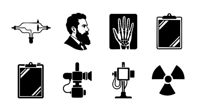 X-Ray Technology Icon Set: Wilhelm Rontgen Discovery, Medical Imaging Equipment, Skeletal Scans and Radiation Symbols in Vector Flat Black Style for Healthcare Science Infographics and Historical Educ