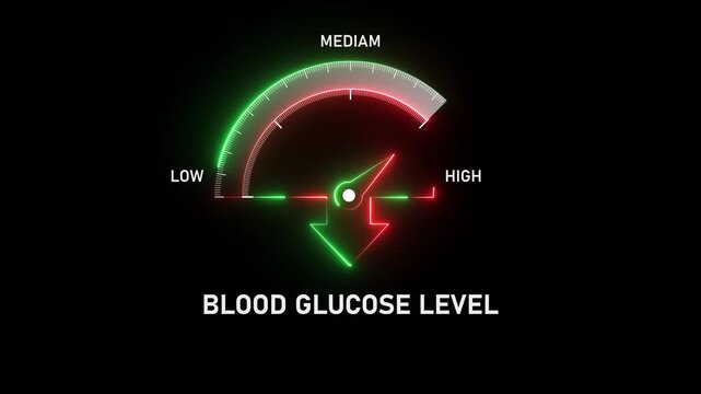Animated Blood Glucose Gauge, Medium, Prediabetes, Diabetes Needle Indicator for Health Videos. Motion graphics of Blood Glucose Gauge miter level concept
