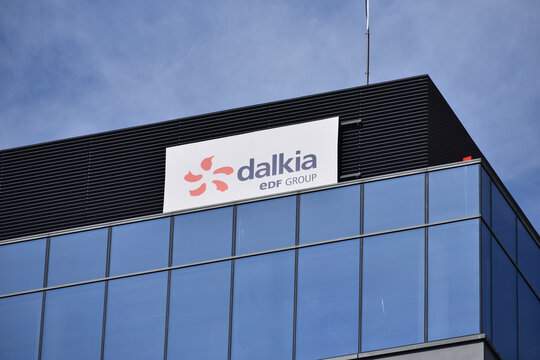 Dalkia EDF Group signage, logo, emblem on the office facade. Energy industry company. WARSAW, POLAND - APRIL 25, 2026