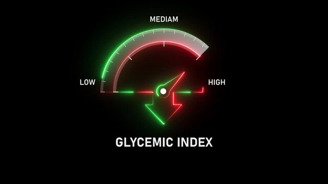 Glycemic index level on measure scale. Instrument scale with arrow. Colorful infographic gauge element. Flat diabetes healthcare and Motion graphics of Glycemic index miter level concept