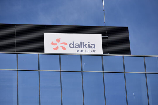 Dalkia EDF Group signage, logo, emblem on the office facade. Energy industry company. WARSAW, POLAND - APRIL 25, 2026