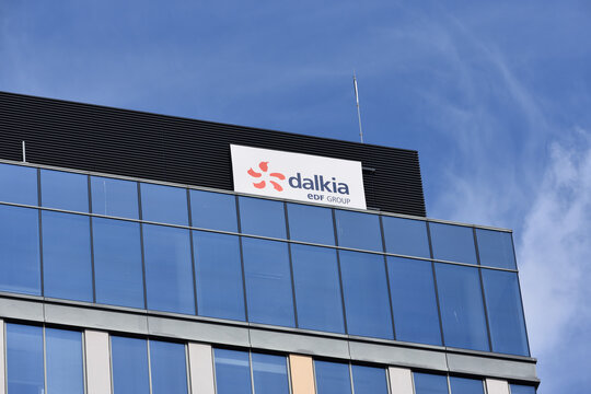 Dalkia EDF Group signage, logo, emblem on the office facade. Energy industry company. WARSAW, POLAND - APRIL 25, 2026