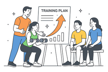 Fototapeta premium Fitness training coaching scenario showing a trainer helping clients