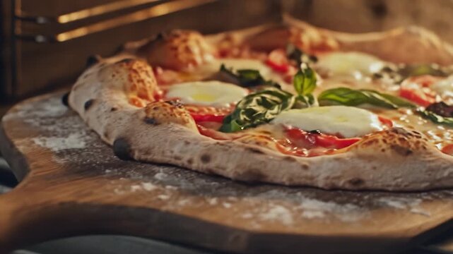 Wooden board pizza with basil tomato and melted cheese warm oven light, fresh homemade crust baked hot with rustic wood kitchen closeup, appetizing Italian food slice with sauce mozzarella and savory