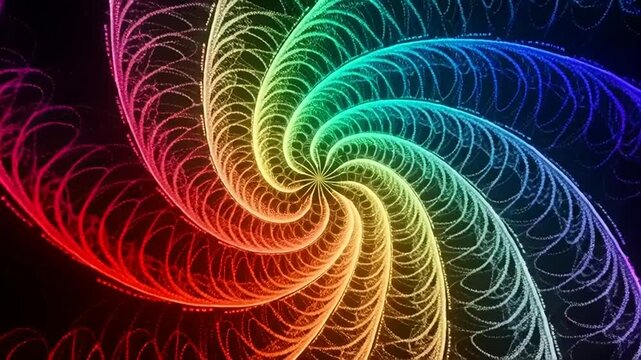 A vibrant rainbow-colored spiral pattern radiates outward in a mesmerizing display of light and color.