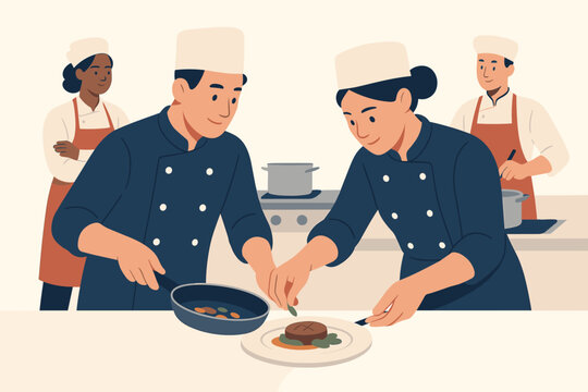 Team-based chef training session in a professional kitchen where junior