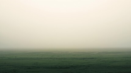 Fototapeta premium An endless green meadow fades into dense white fog under a pale sky, creating a profound sense of stillness. A hauntingly minimal spring 2026 landscape for editorial, wellness and art direction.