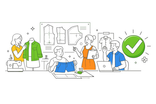 Clothing design product development scenario showing designers finalizing