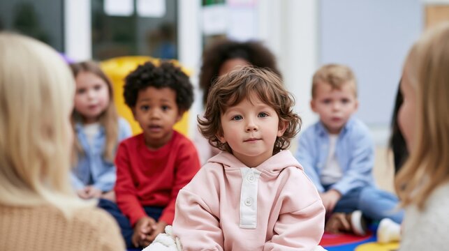 Kindergarten Classroom: A group of diverse children sit attentively in a circle, engaged in a learning environment with their teacher.