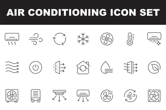 Air Conditioning icon set. Icons related to Air Conditioner, Cooling, Blower Fan, Duct System, Heat Pump, Evaporator Coil and more. Outline icon with Editable stroke. 