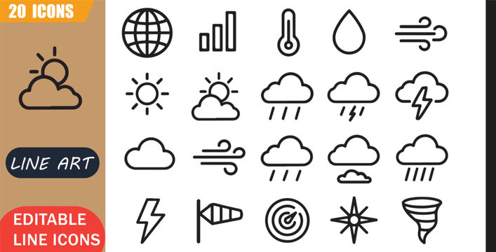 Isolated weather forecast icons set, 20 editable line art icons set, climate temperature humidity wind rain storm sun cloud, weather climate tools, minimal clean outline vector