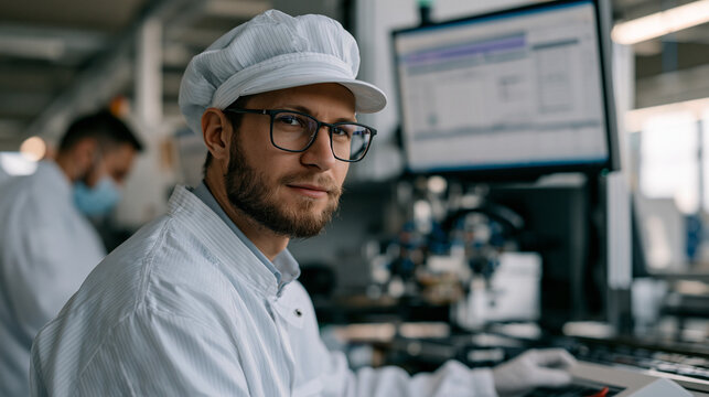 Focused male surface-mount technology operator calibrating pick-and-place machinery settings before circuit board production run, clean-room protocol followed, engineering specifications visible on 