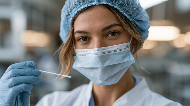 Single female factory hygiene officer swabbing food-grade production surfaces for contamination testing inside certified ethical protein processing facility, stringent safety protocols visible throu