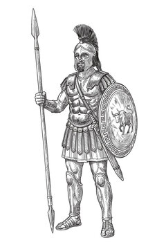 Ancient Roman warrior with a spears and shields in their hands. Figure isolated on white background.