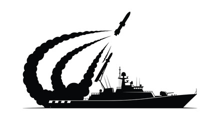 warship launching missile with smoke trail black silhouette high quality professional detailed modern elegant stylish clean crisp vibrant colorful digital creative © CreativeAkash099