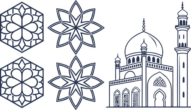 Islamic geometric floral patterns and minarets