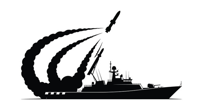 warship launching missile with smoke trail black silhouette high quality professional detailed modern elegant stylish clean crisp vibrant colorful digital creative